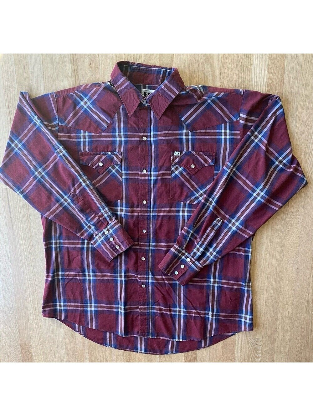 Ely Cattleman Pearl Snap Shirt Vintage Mens L VINTAGE Western Burgundy Plaid